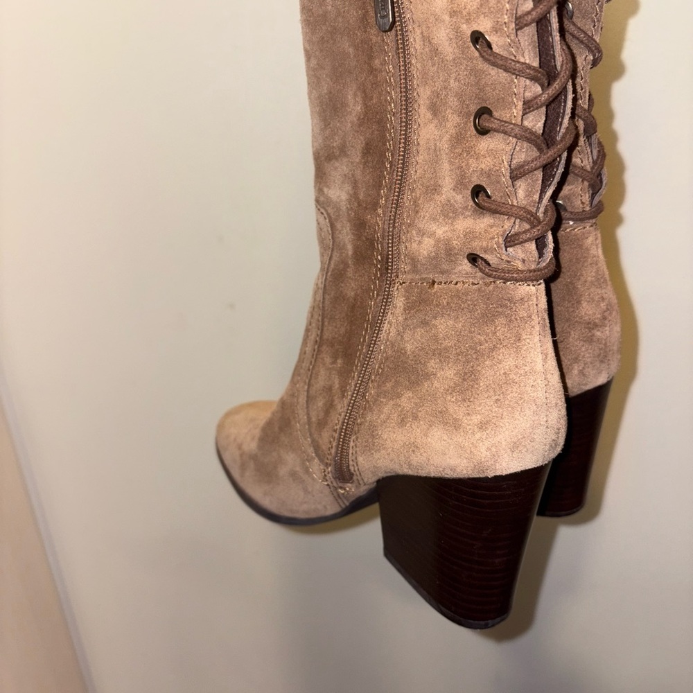 Sam Edelman Tan Camel Brown Suede Over the Knee Lace Up Heeled Boots Size 8 - Picture 7 of 9